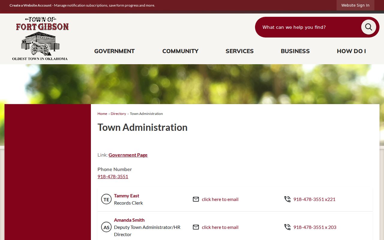 Fort Gibson town directory source page